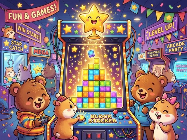 Play Tower Stacker Arcade - a classic mall arcade prize stacker game with LED block physics.