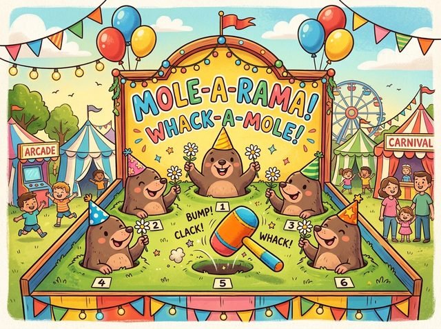 Play Whack-a-Mole: Carnival Smasher - a 9-hole carnival arcade machine with mallet physics and golden moles.